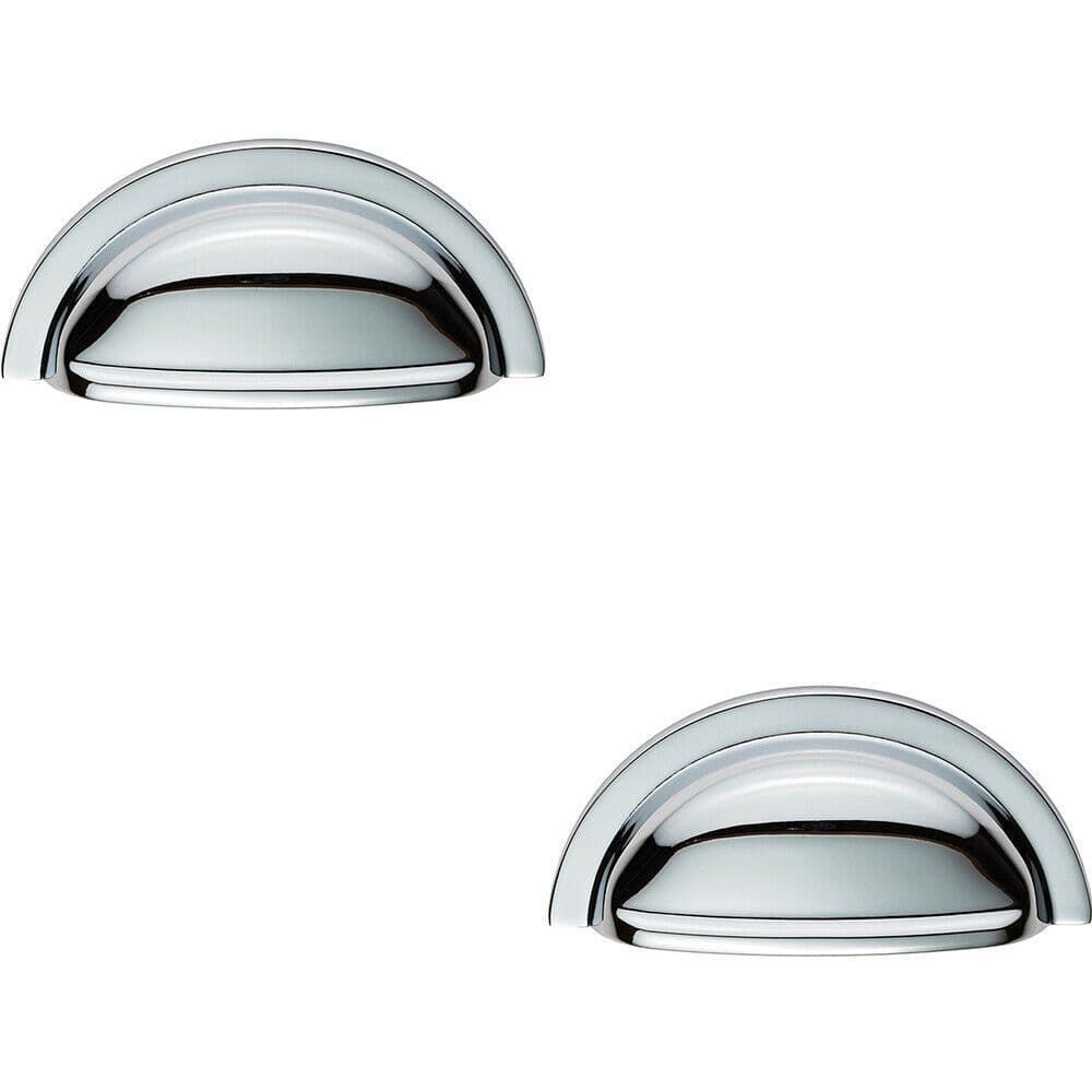 2x Cabinet Cup Pull Handle 91 x 45mm 76mm Fixing Centres Polished Chrome
