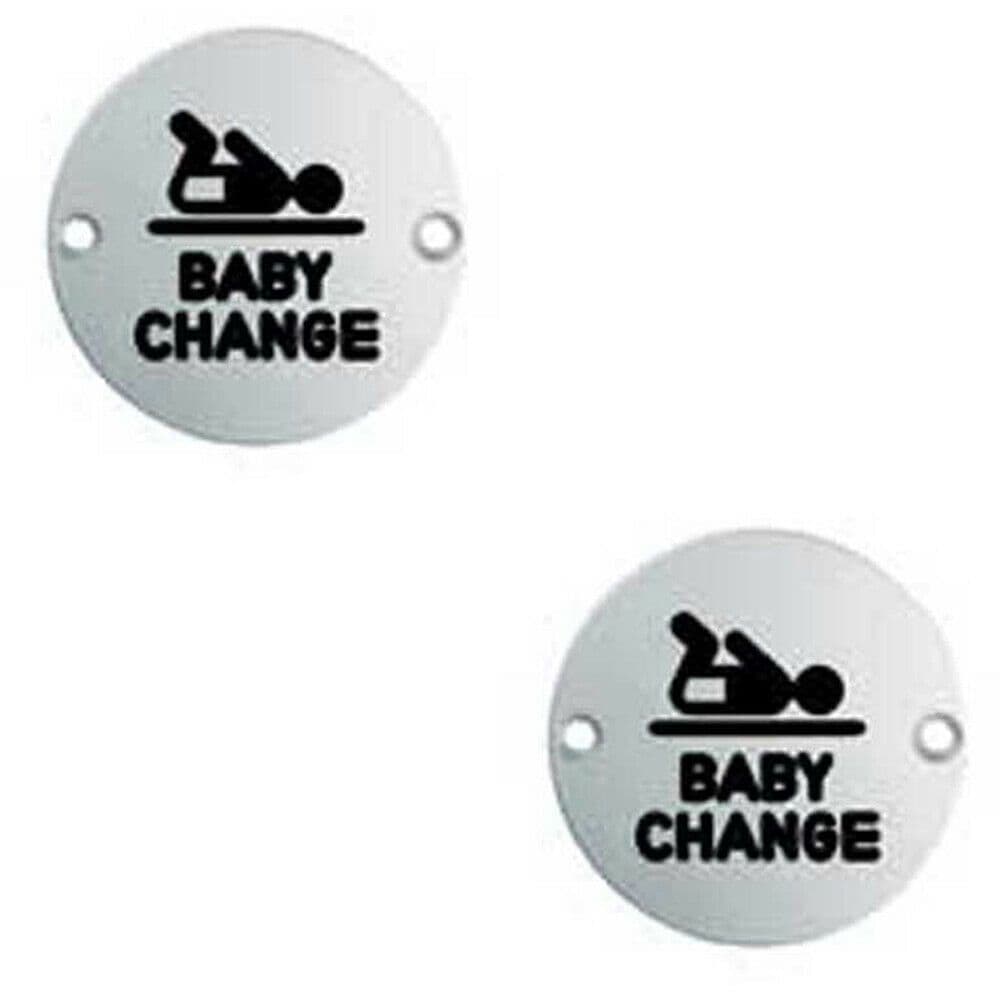 2x Bathroom Door Change Sign 64mm Fixing Centres 76mm Dia Polished Steel