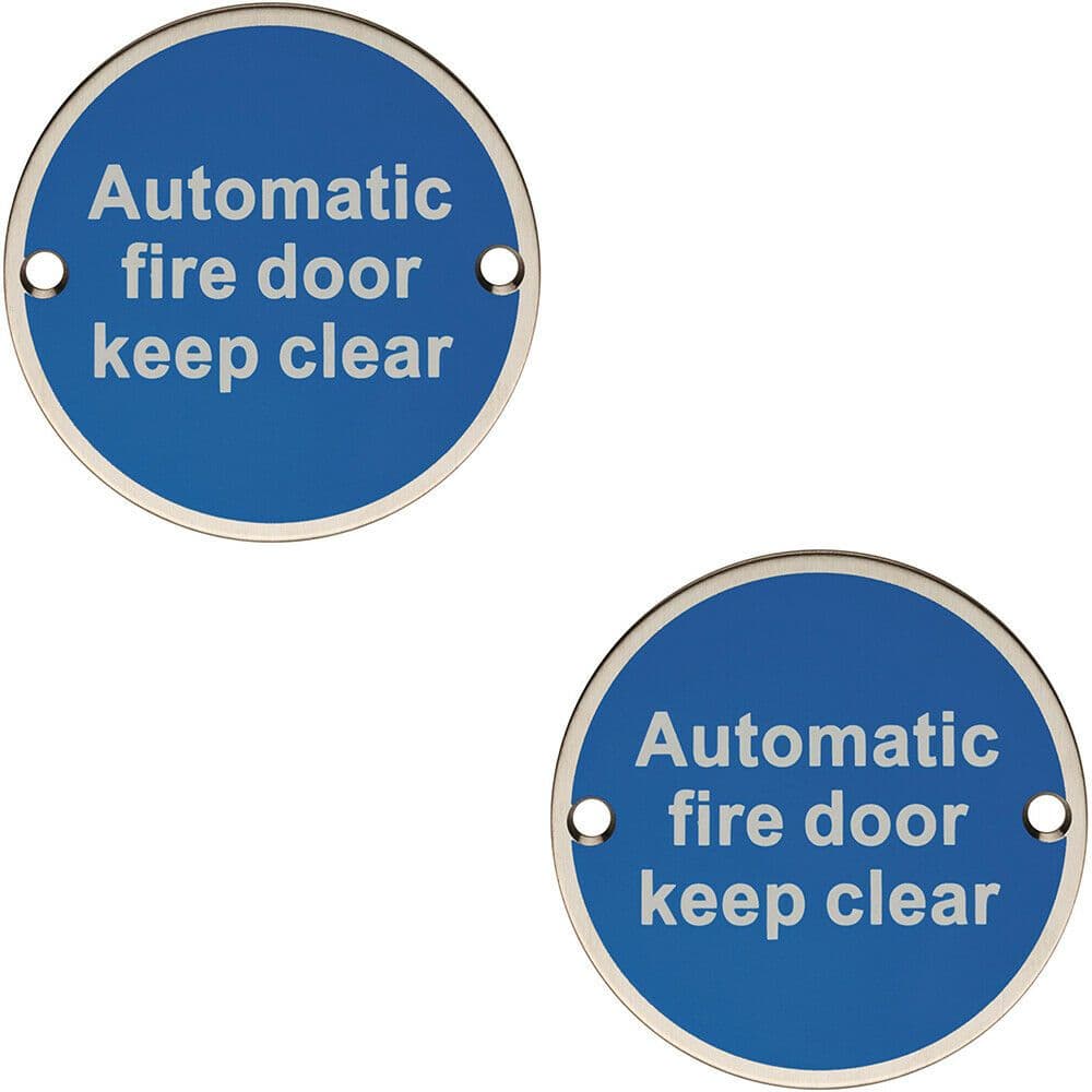 2x Automatic Fire Door Keep Clear Plaque 76mm Diameter Bright Stainless Steel