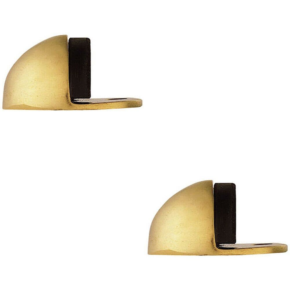 2x Floor mounted Oval Doorstop 44 x 22mm Polished Brass Half Moon Stopper