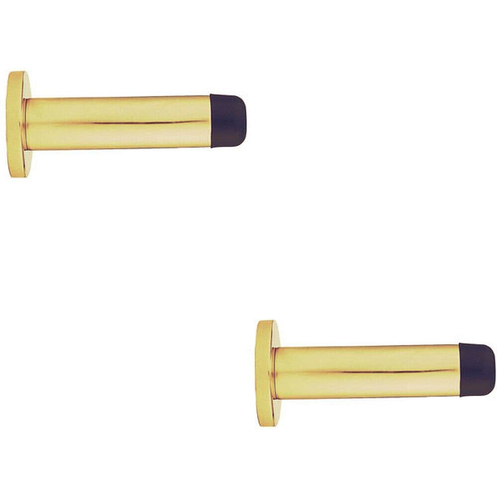 2x Rubber Tipped Doorstop Cylinder Wall Mounted 70mm Polished Brass