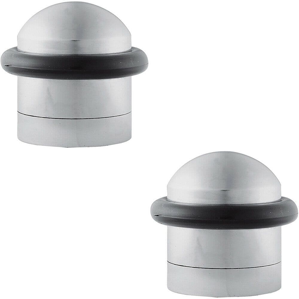2x Dome Topped Floor Mounted Door Stop Rubber Buffer 38mm Dia Satin Chrome