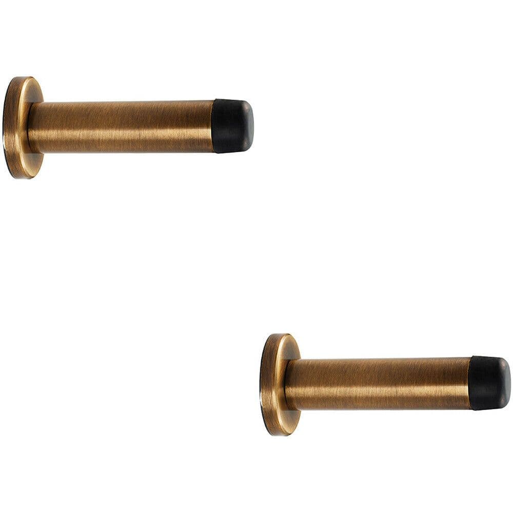 2x Rubber Tipped Doorstop Cylinder Wall Mounted 70mm Antique Brass