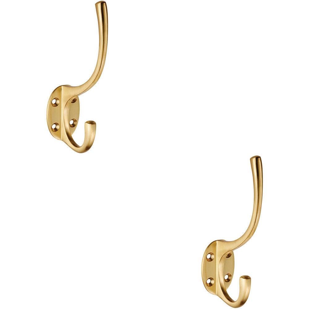 2x Victorian Hat & Coat Hook on Oval Backplate 64mm Projection Satin Brass