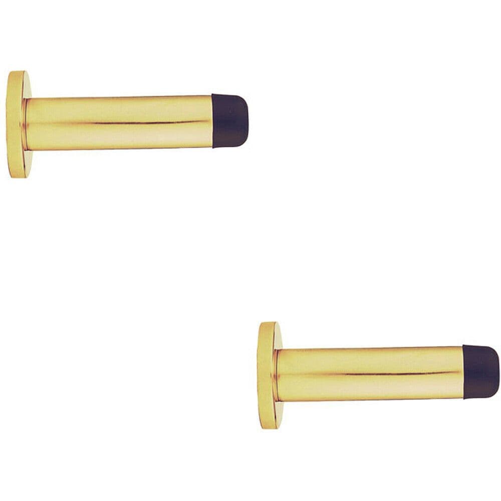 2x Rubber Tipped Doorstop Cylinder Wall Mounted 83mm Polished Brass