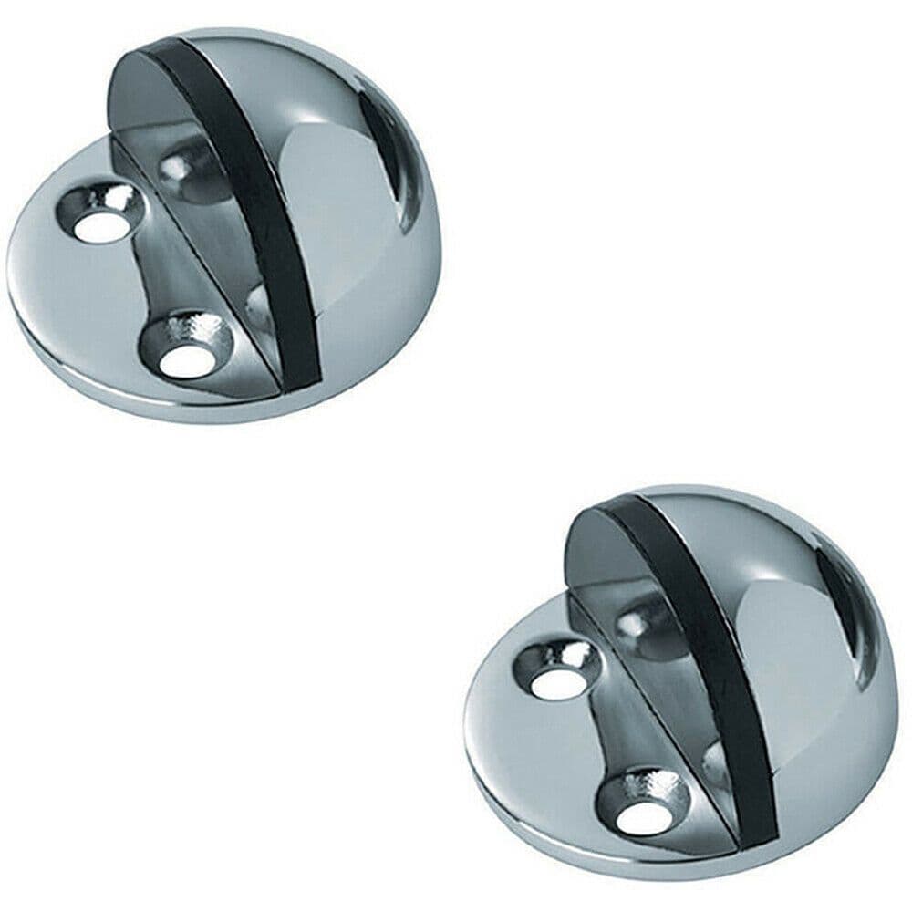 2x Small Floor Mounted Half Moon Doorstop Rubber Buffer 44mm Dia Bright Steel