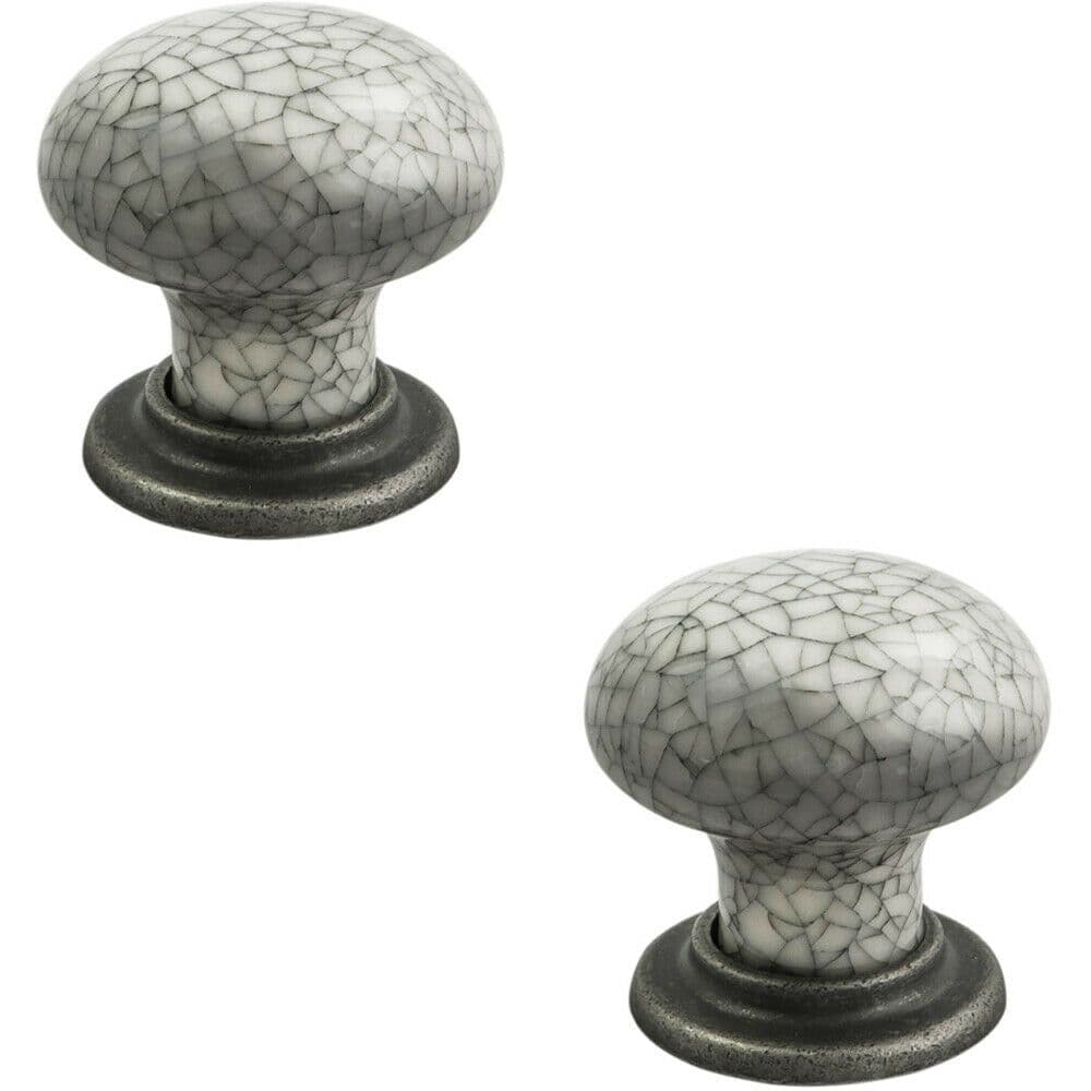 2x Porcelain Mushroom Cupboard Door Knob 36mm Dia Antique Steel Glaze