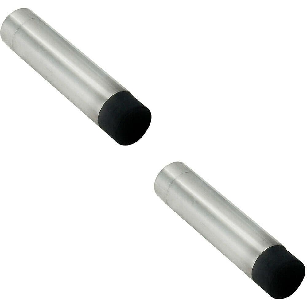 2x Wall Mounted Doorstop Cylinder Rubber Tip 74 x 16mm Bright Steel