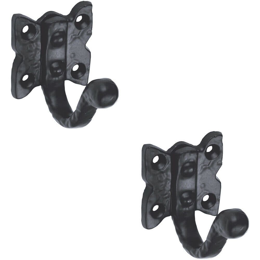 2x Single Ornate Wardrobe Hook on Butterfly Backplate 47mm Proj Antique