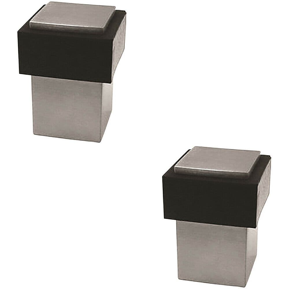 2x Floor Mounted Square Doorstop Rubber Buffer 40 x 36 x 36mm Satin Steel