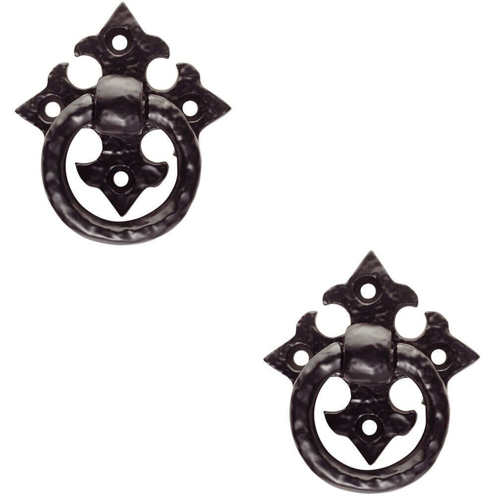 2x Ornate Cabinet Ring Pull on Cross Backplate 35mm Fixing Centres Antique