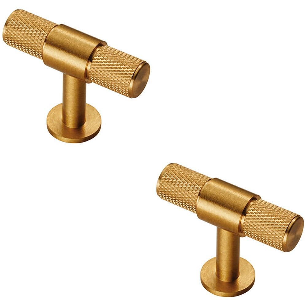 2x Knurled Cupboard T Shape Pull Handle 50 x 13mm Satin Brass Cabinet Handle