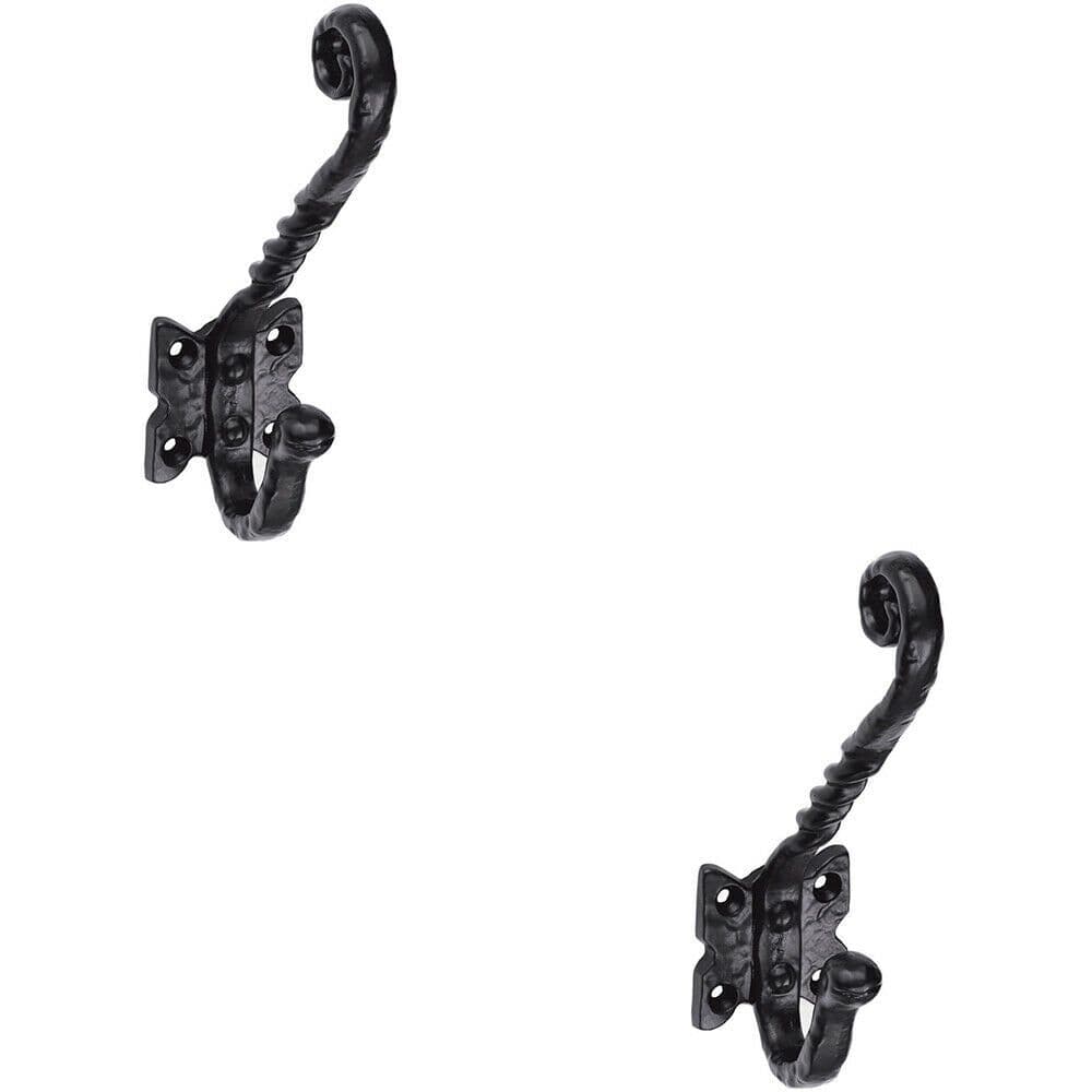 2x Ornate Twisted Hat & Coat Hook on Butterfly Backplate 82mm Proj Antique