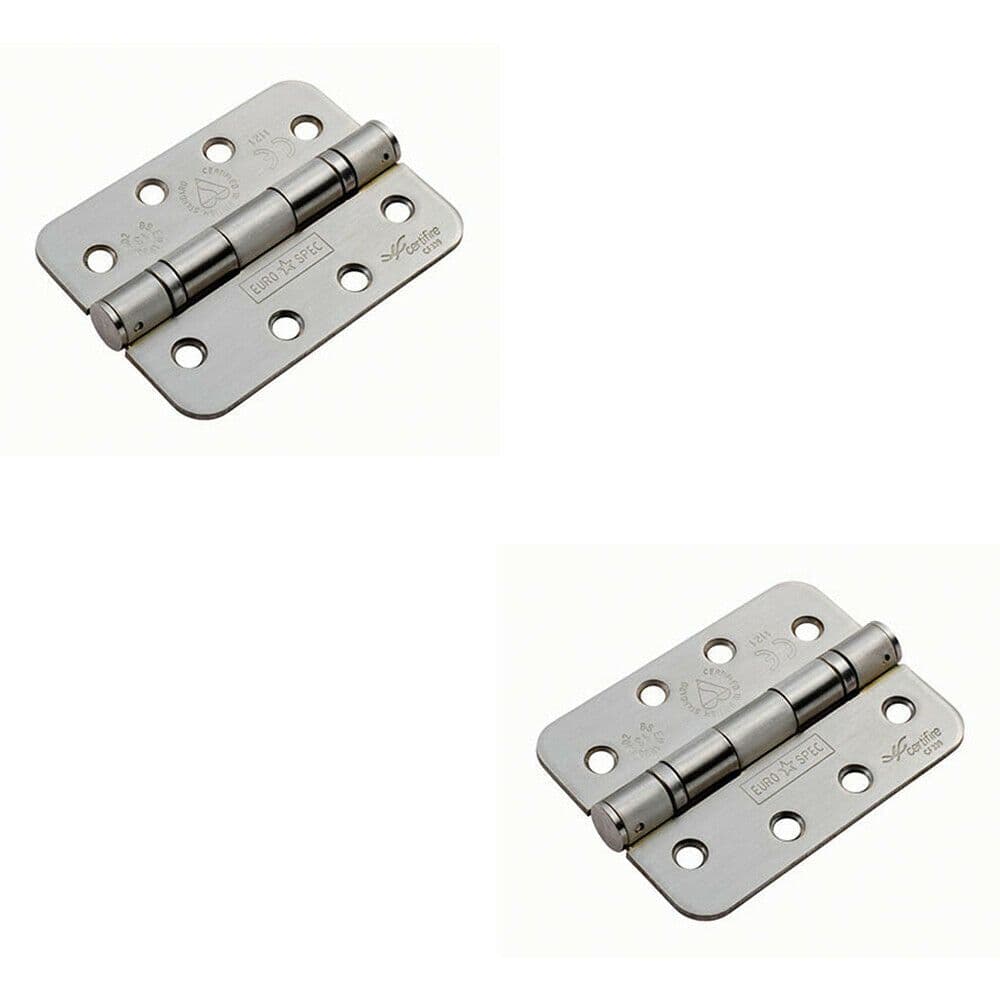 2x PAIR 102 x 76 x 3mm Ball Bearing Hinge Rounded Satin Steel Interior Door