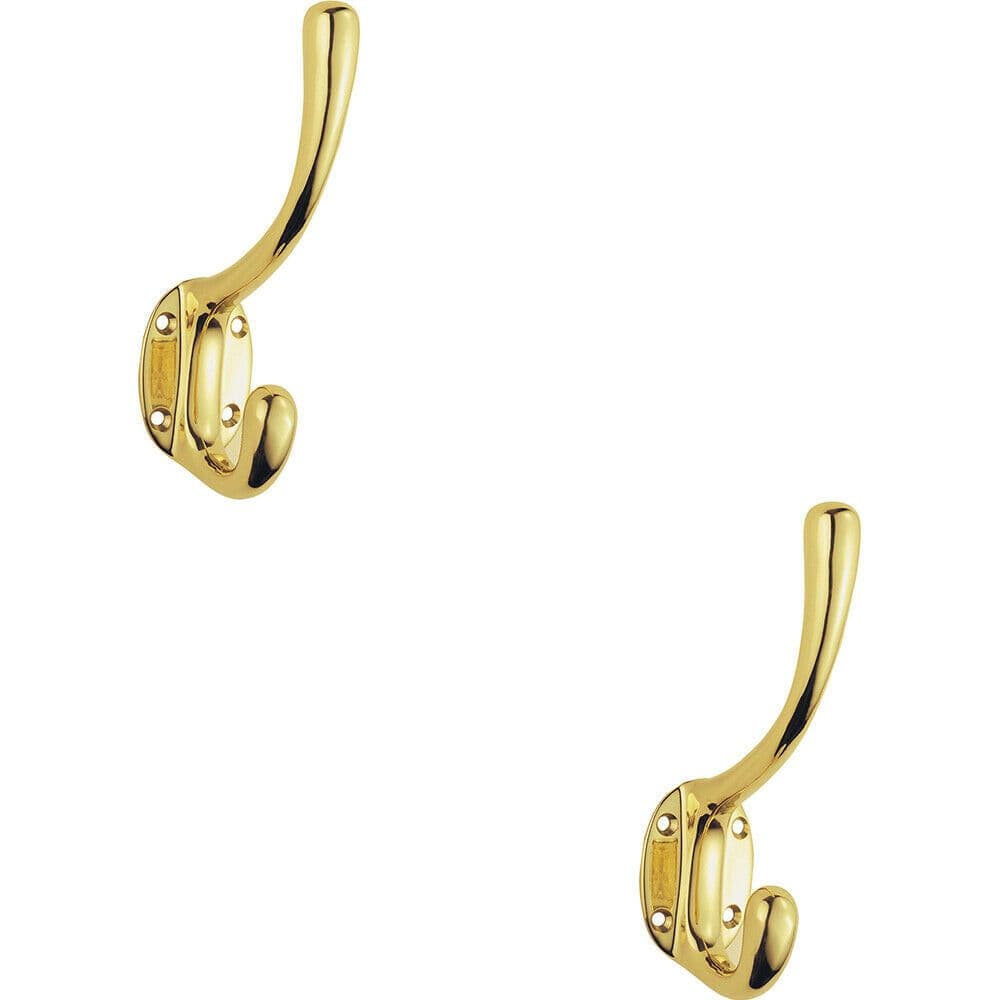 2x Heavyweight One Piece Hat & Coat Hook 76mm Projection Polished Brass
