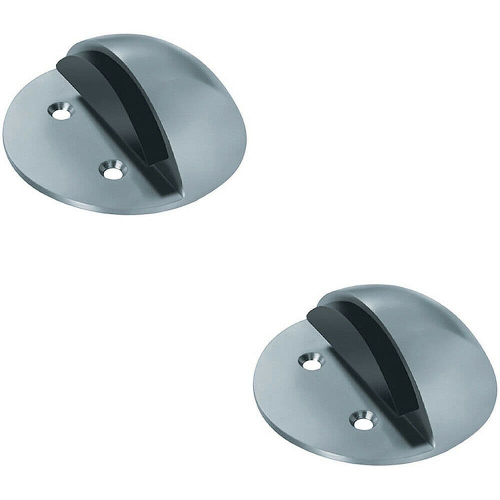 2x Floor Mounted Half Moon Doorstop with Rubber Buffer 80mm Dia Satin Steel