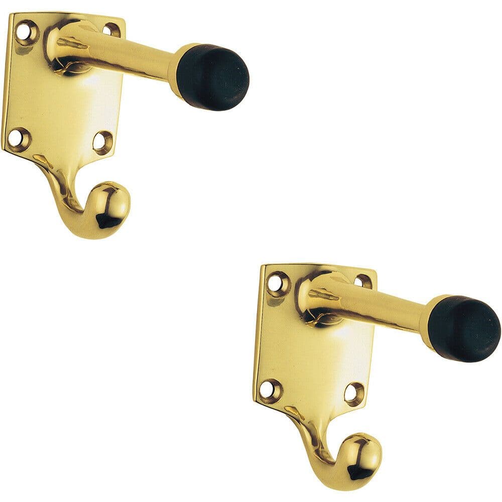 2x One Piece Hat & Coat Hook Rubber Buffer 88mm Projection Polished Brass