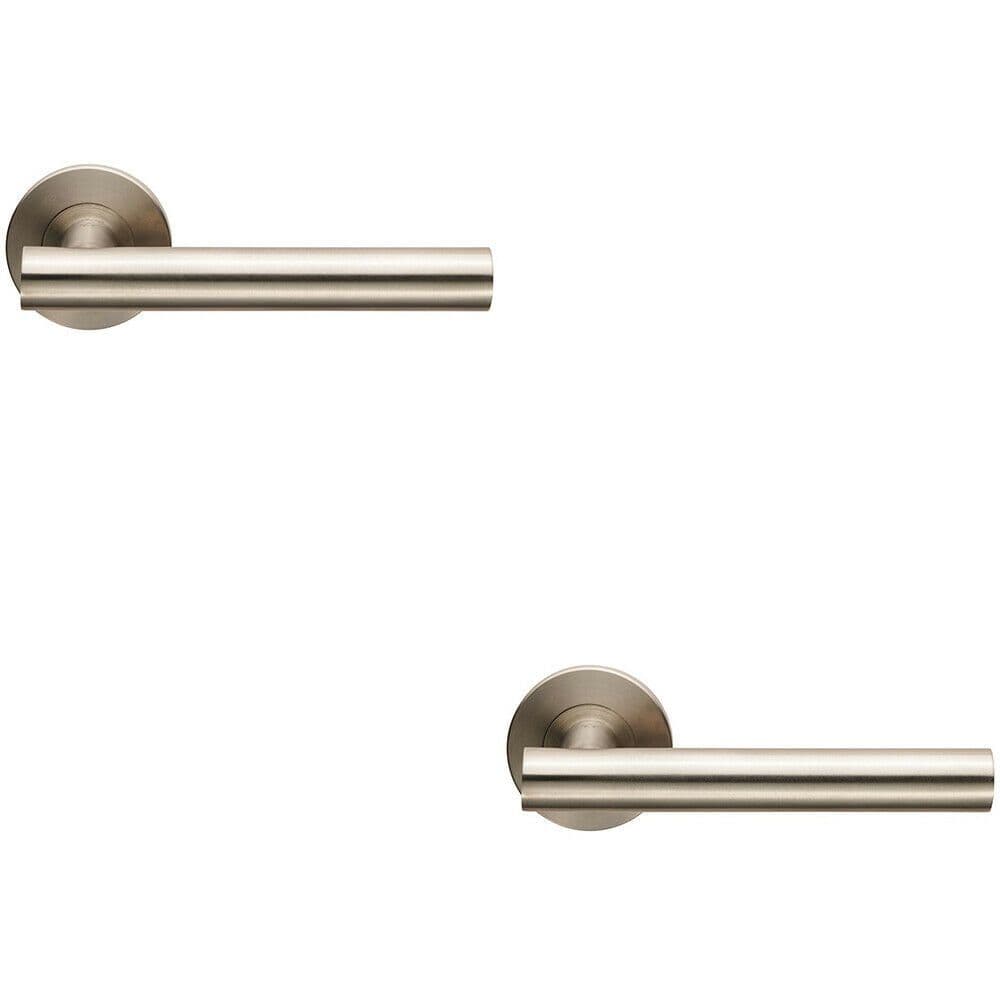 2x PAIR Straight Round T Bar Lever on Slim Round Rose Concealed Fix Satin Steel