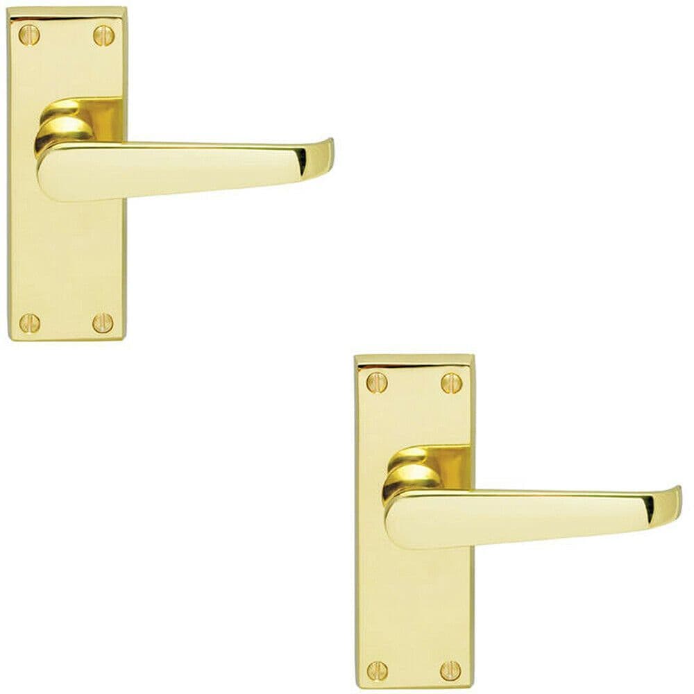 2x Straight Victorian Lever on Rectangular Latch Backplate Handle Polished Brass