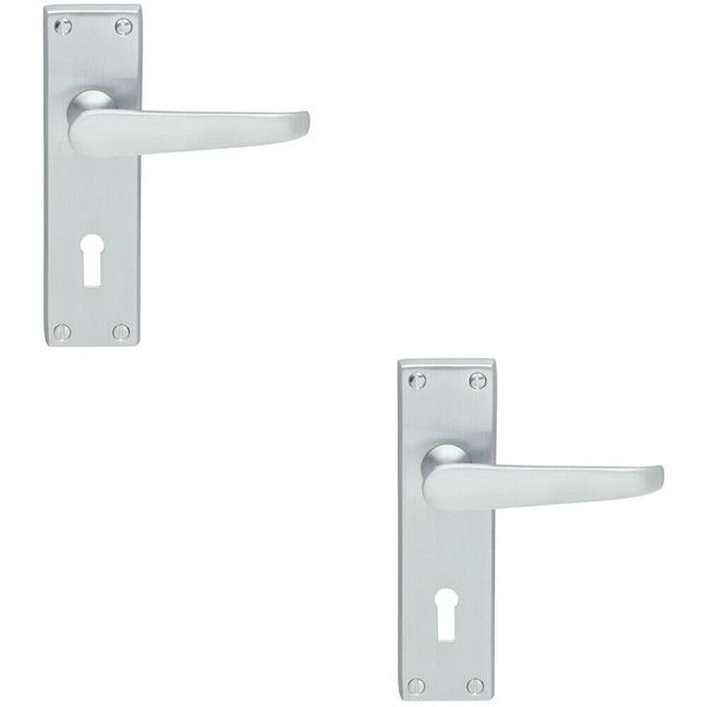 2x PAIR Victorian Flat Lever on Lock Backplate Handle 150 x 42mm Satin Chrome