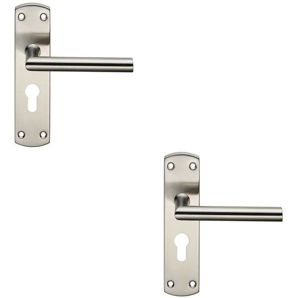 2x Mitred Lever Door Handle on Euro Lock Backplate 172 x 44mm Satin Steel