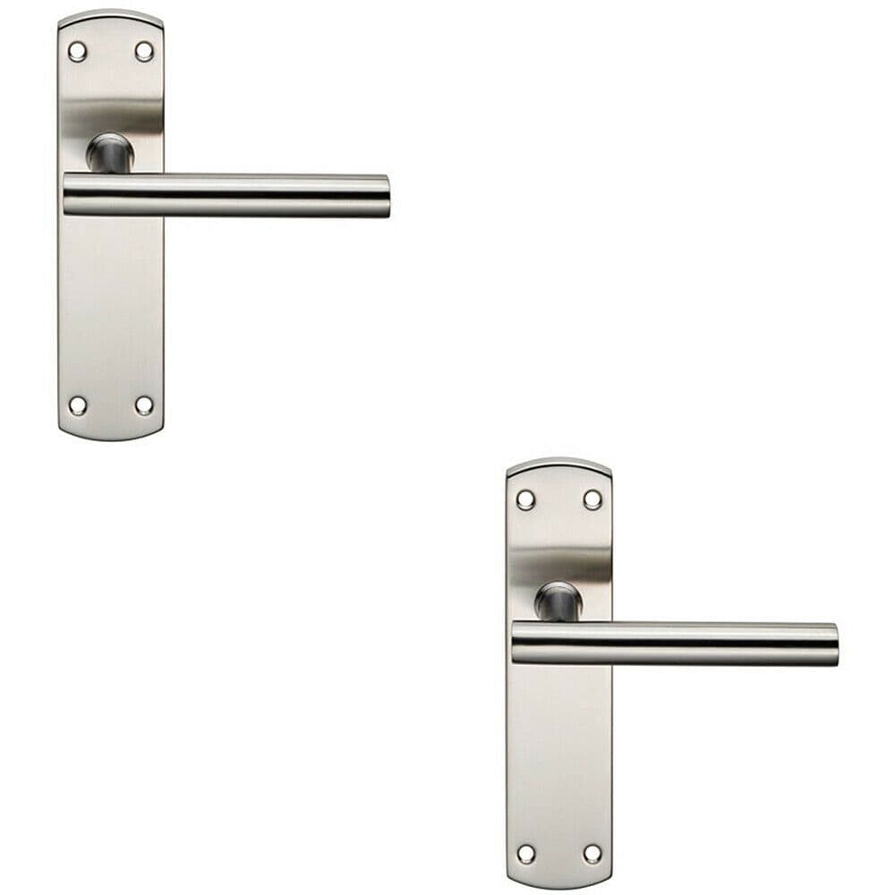 2x Mitred T Bar Lever Door Handle on Latch Backplate 172 x 44mm Satin Steel
