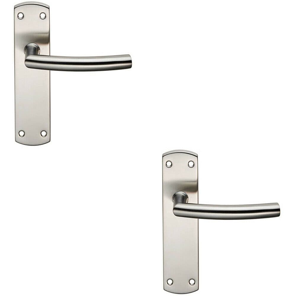 2x Curved Bar Lever Door Handle on Latch Backplate 172 x 44mm Satin Steel