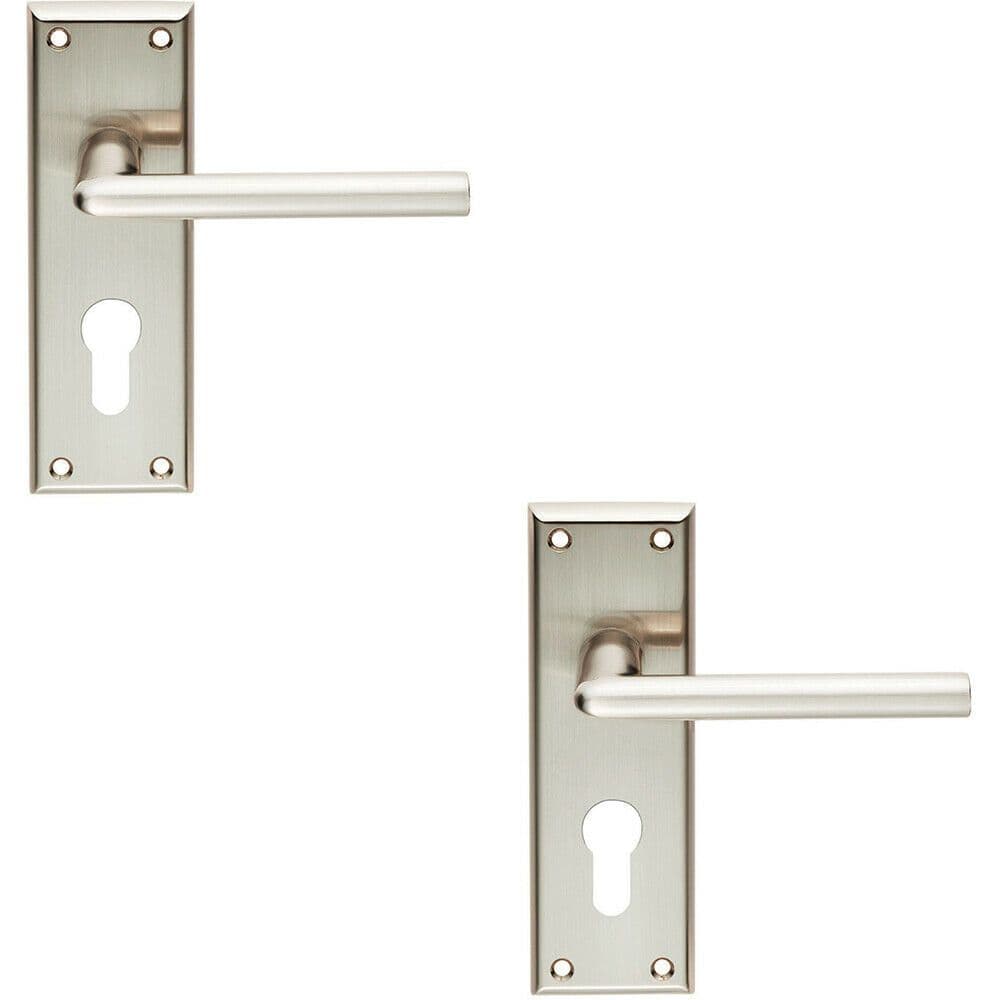 2x PAIR Rounded Lever on Euro Lock Backplate Handle 150 x 50mm Satin Nickel