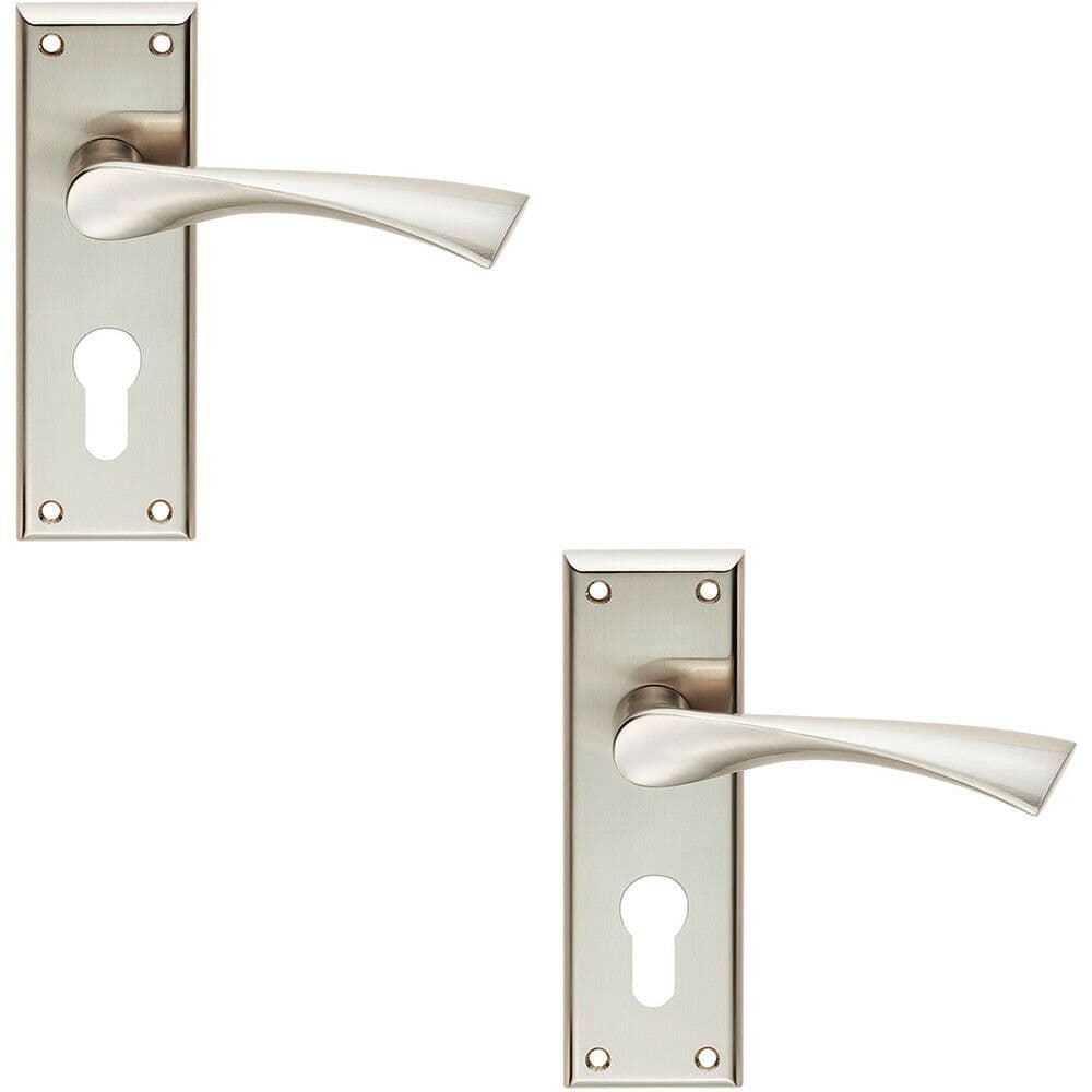 2x PAIR Angular Lever on Euro Lock Backplate Handle 150 x 50mm Satin Nickel