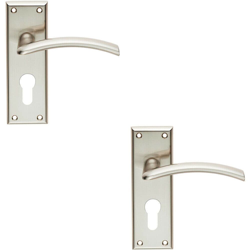 2x PAIR Arched Lever on Euro Lock Backplate Door Handle 150 x 50mm Satin Nickel