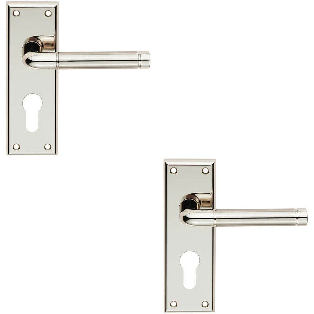2x PAIR Round Bar Lever on Euro Lock Backplate 150 x 50mm Polished Satin Nickel