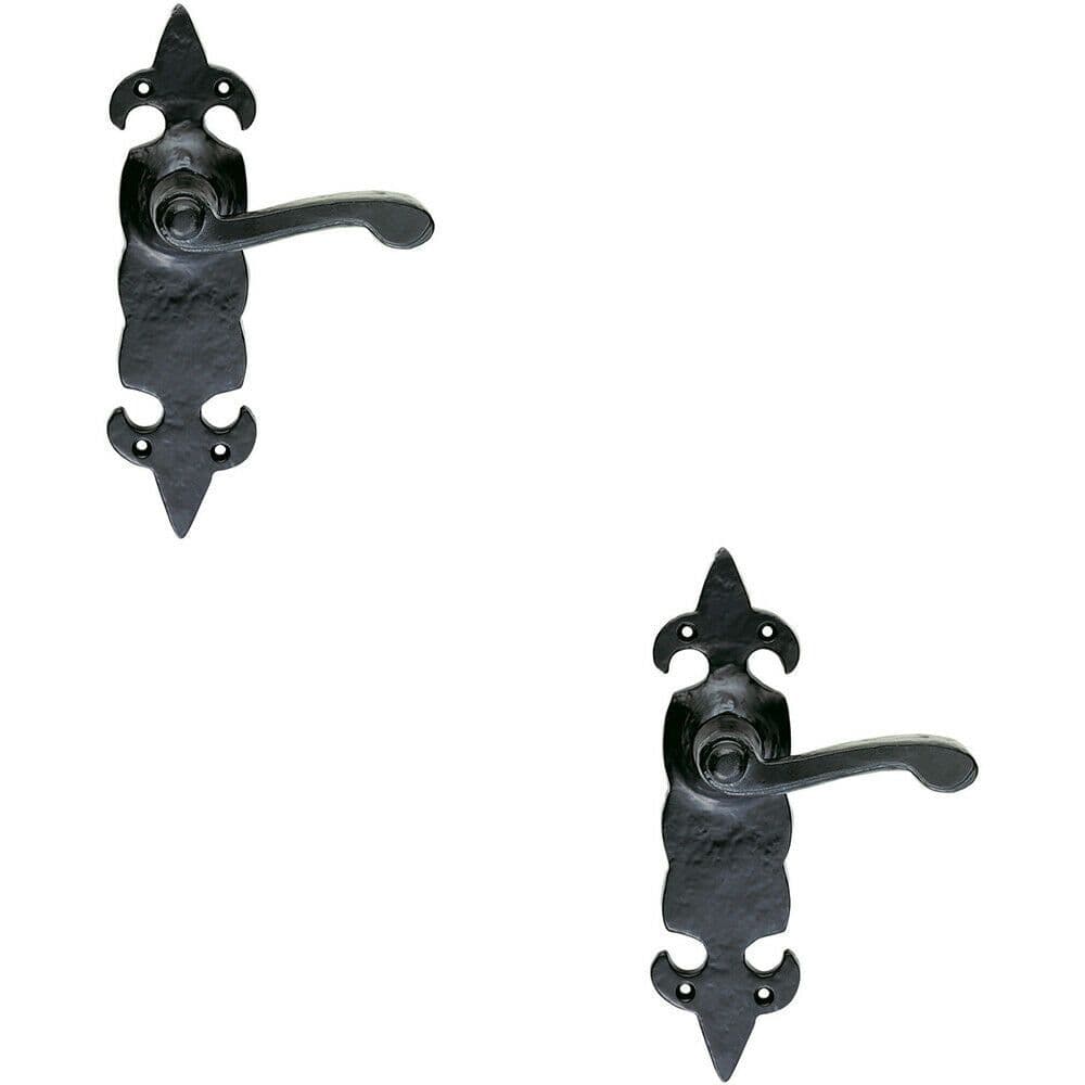2x PAIR Forged Scroll Lever Handle on Latch Backplate 206 x 57mm Antique