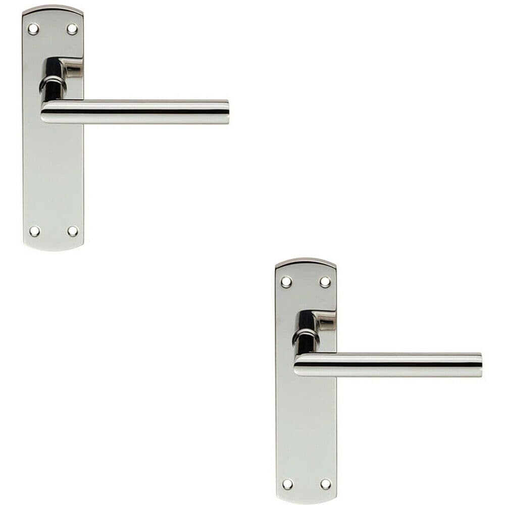 2x Mitred Lever Door Handle on Latch Backplate 172 x 44mm Polished Steel