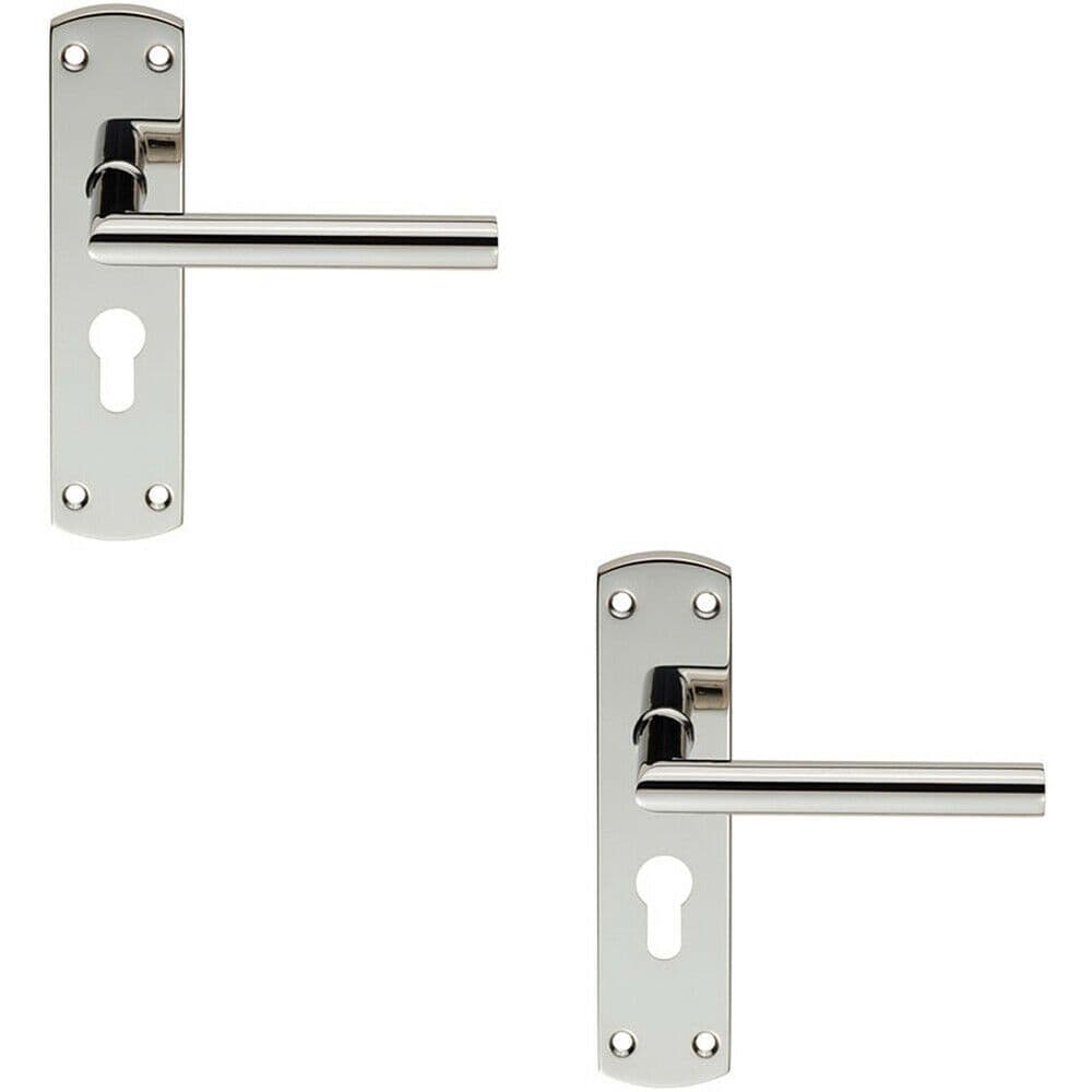 2x Mitred Lever Door Handle on Euro Lock Backplate 172 x 44mm Polished Steel