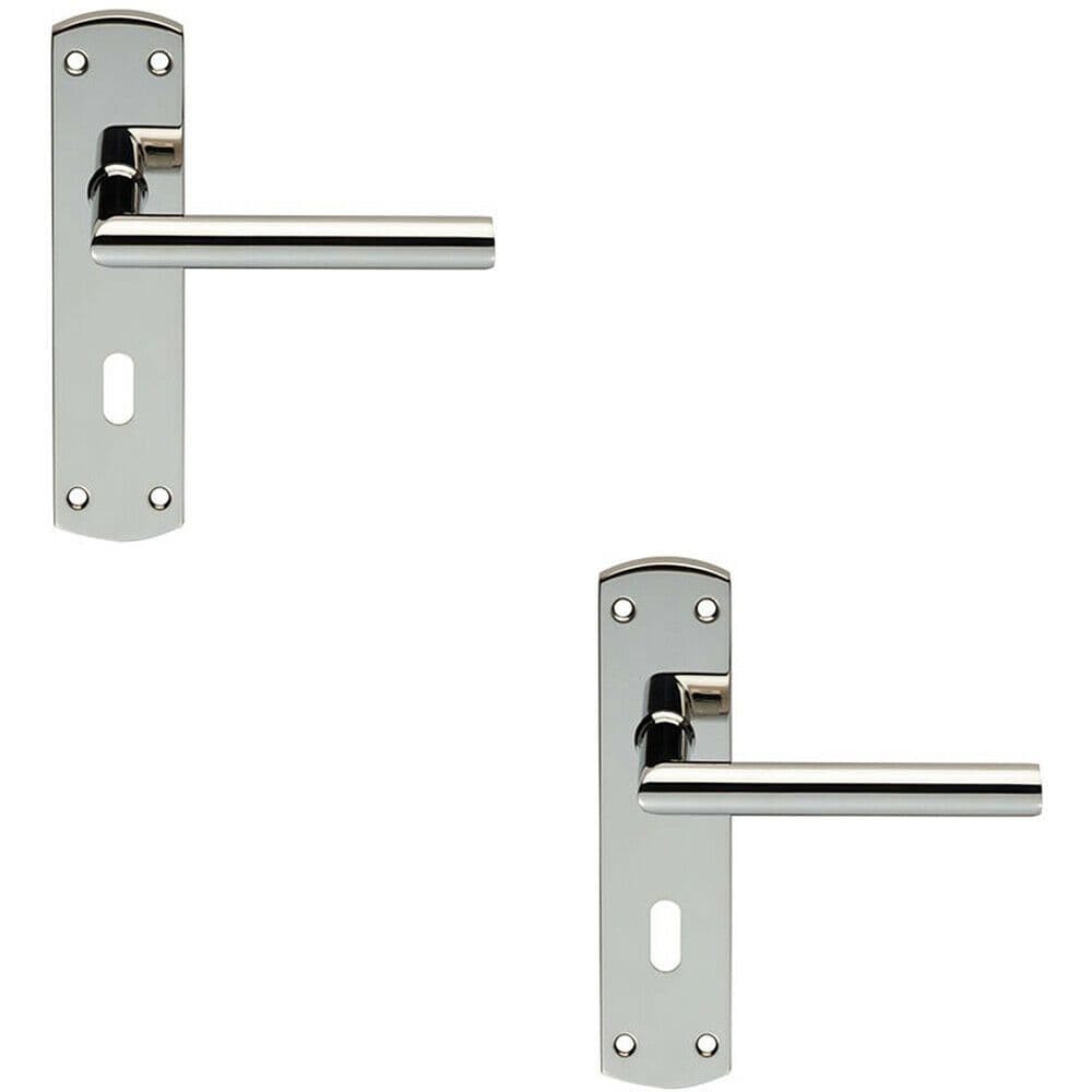 2x Mitred Lever Door Handle on Lock Backplate 172 x 44mm Polished Steel