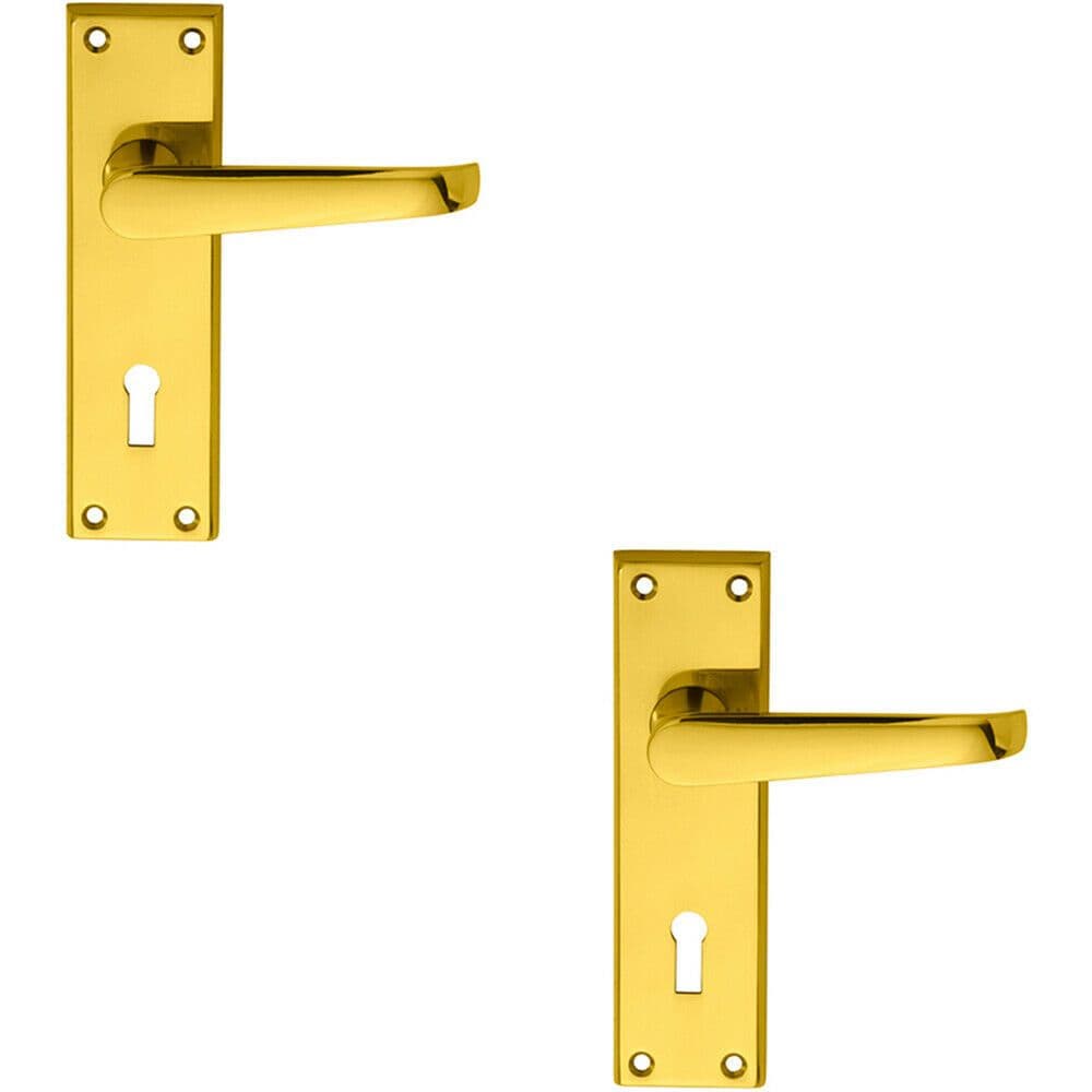 2x PAIR Straight Victorian Handle on Lock Backplate 150 x 43mm Polished Brass
