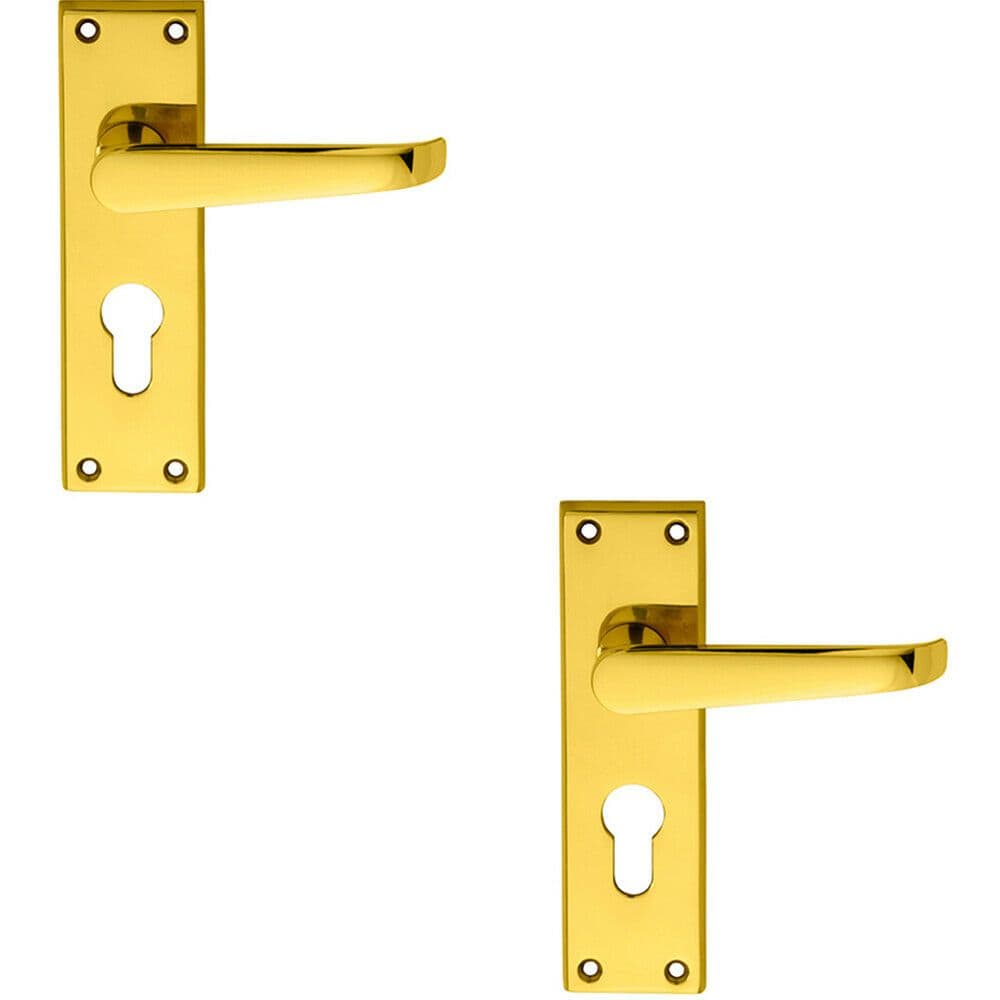 2x PAIR Straight Victorian Lever on Euro Lock Backplate 150 x 43mm Brass