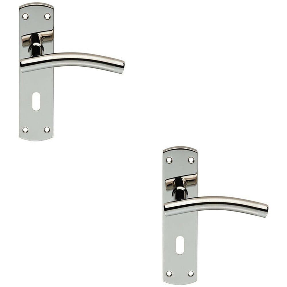 2x Curved Lever on Euro Backplate Door Handle 172 x 44mm Polished & Satin Steel