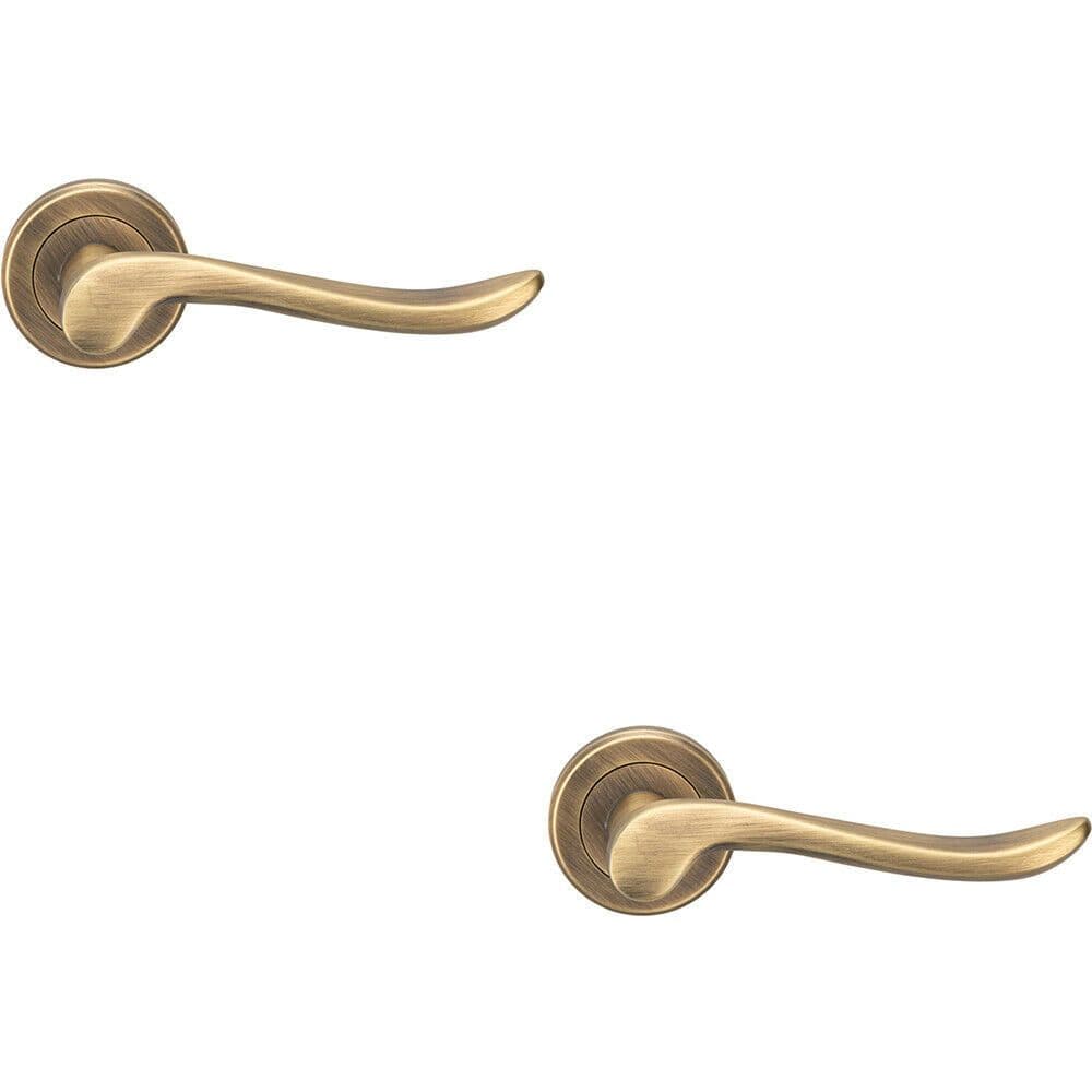 2x PAIR Scroll Shaped Lever Handle on Round Concealed Fix Antique Brass