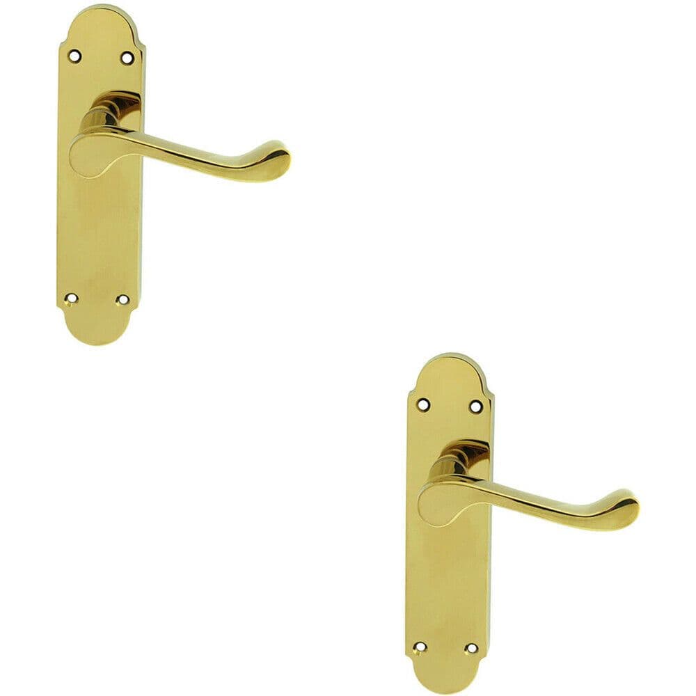 2x PAIR Victorian Upturned Handle on Latch Backplate 170 x 42mm Polished Brass