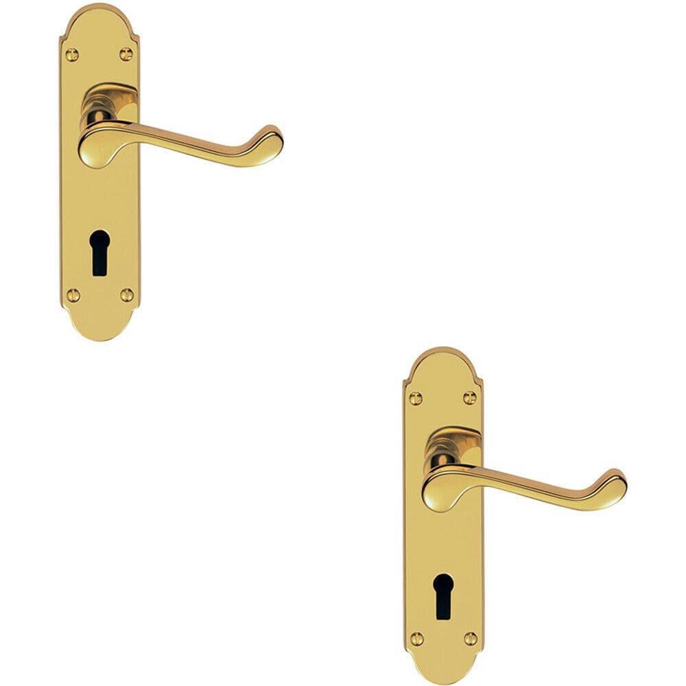 2x PAIR Victorian Upturned Handle on Lock Backplate 170 x 42mm Polished Brass