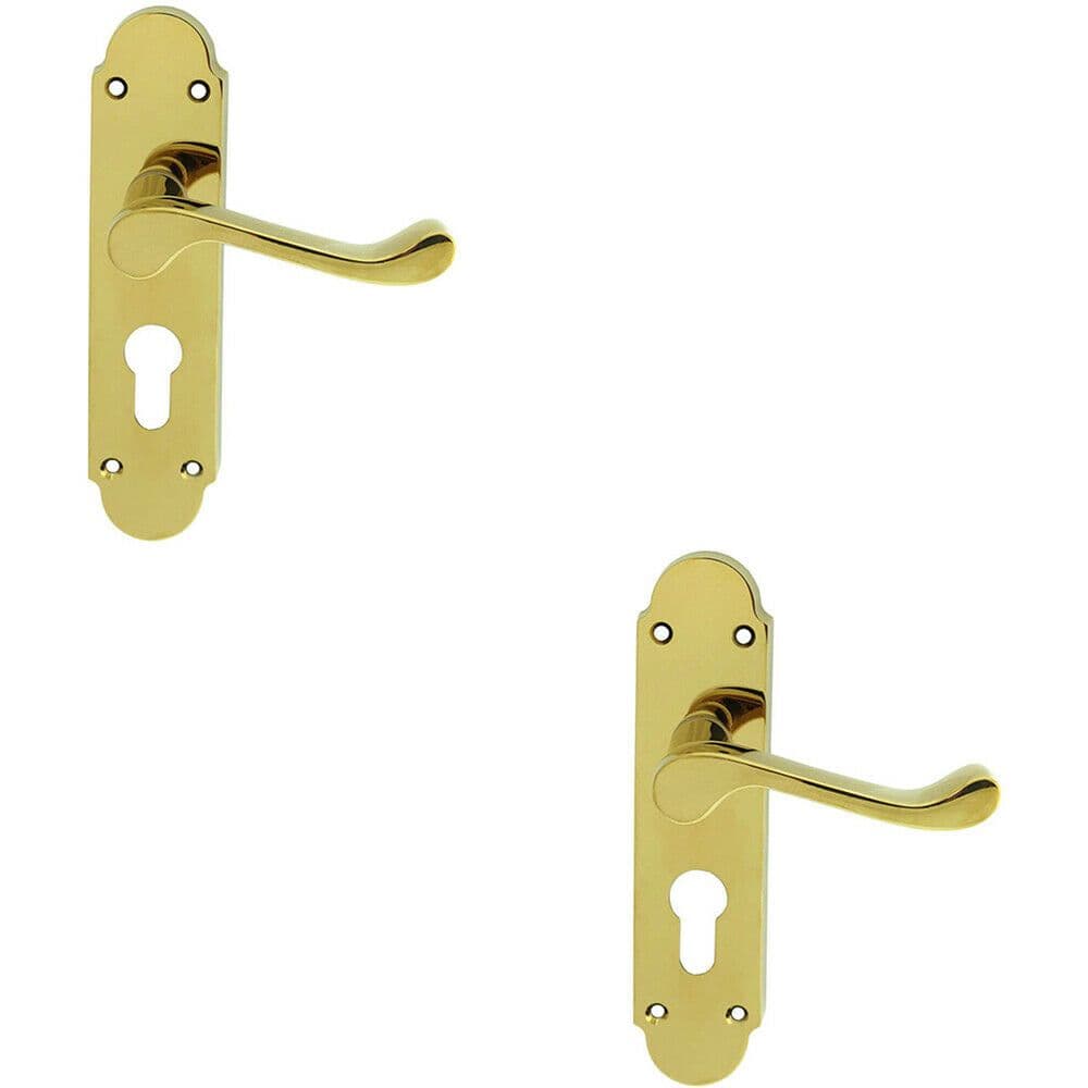 2x PAIR Victorian Upturned Lever on Euro Lock Backplate 170 x 42 Polished Brass