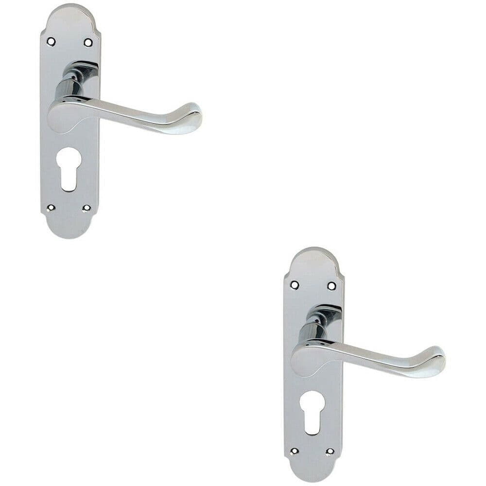 2x PAIR Victorian Upturned Lever on Euro Lock Backplate 170 x 42 Polished Chrome