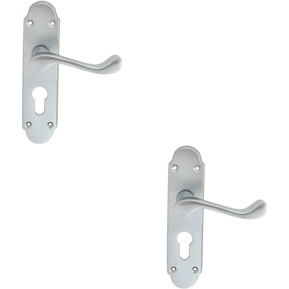 2x PAIR Victorian Upturned Handle on Euro Lock Backplate 170 x 42 Satin Chrome