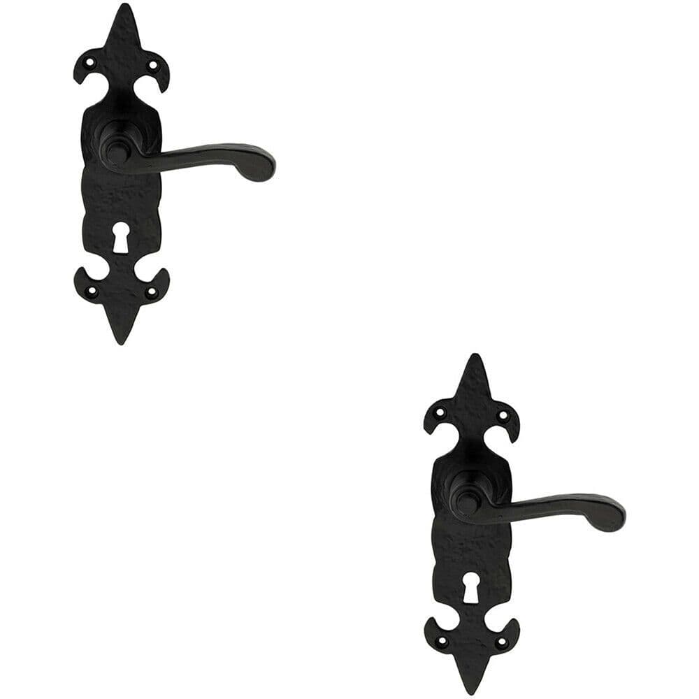 2x PAIR Forged Scroll Lever Handle on Lock Backplate 206 x 57mm Antique