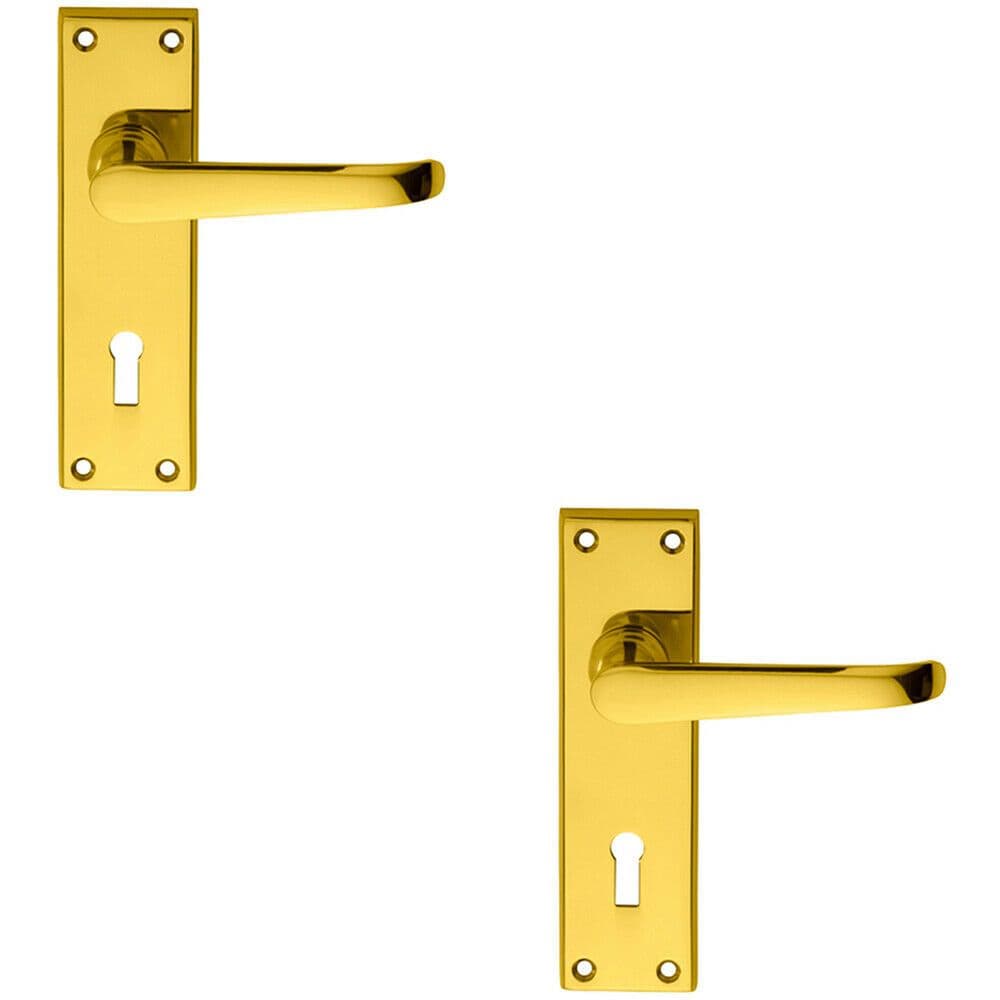 2x PAIR Straight Victorian Handle on Lock Backplate 150 x 42mm Polished Brass
