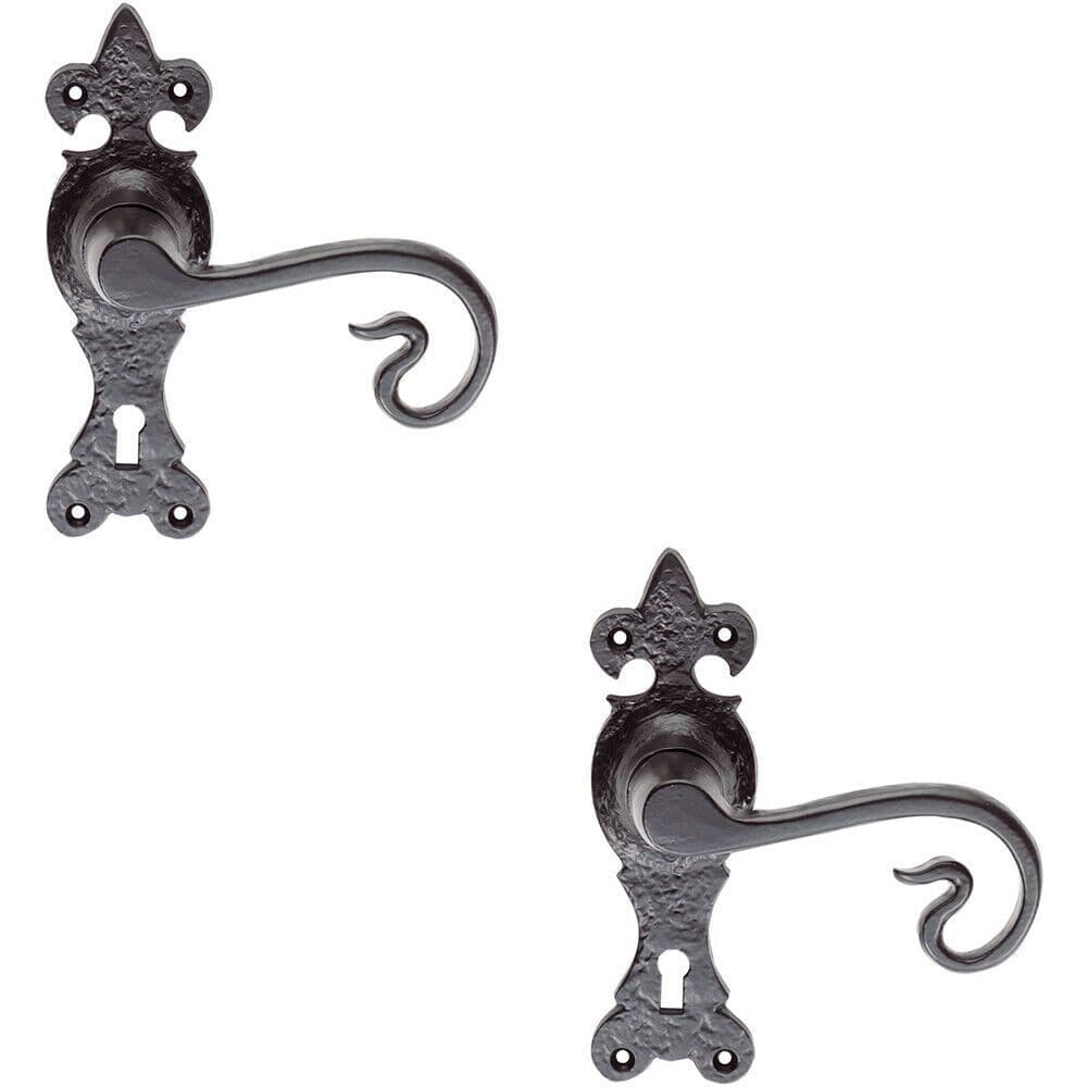 2x PAIR Forged Curled Lever Handle on Lock Backplate 167 x 51mm Antique