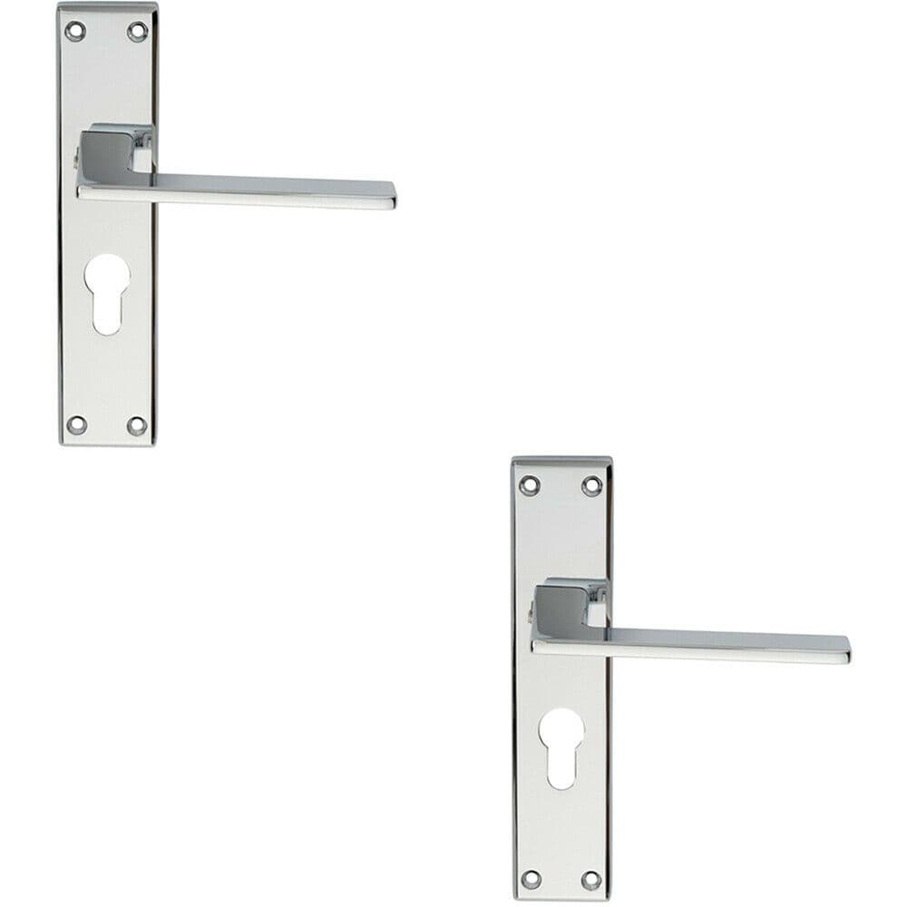 2x Flat Straight Lever on Euro Lock Backplate Handle 180 x 40mm Polished Chrome