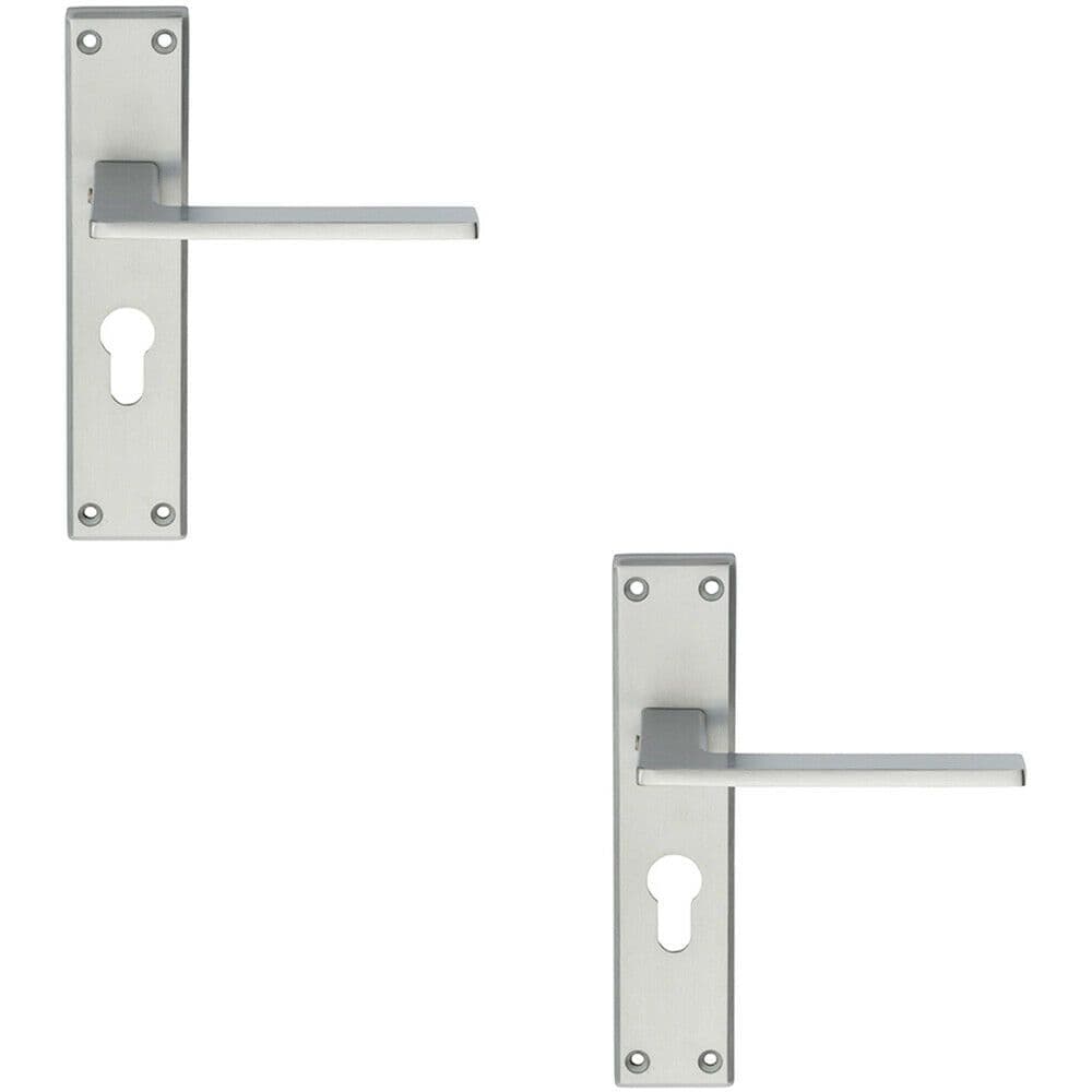 2x Flat Straight Lever on Euro Lock Backplate Handle 180 x 40mm Satin Chrome