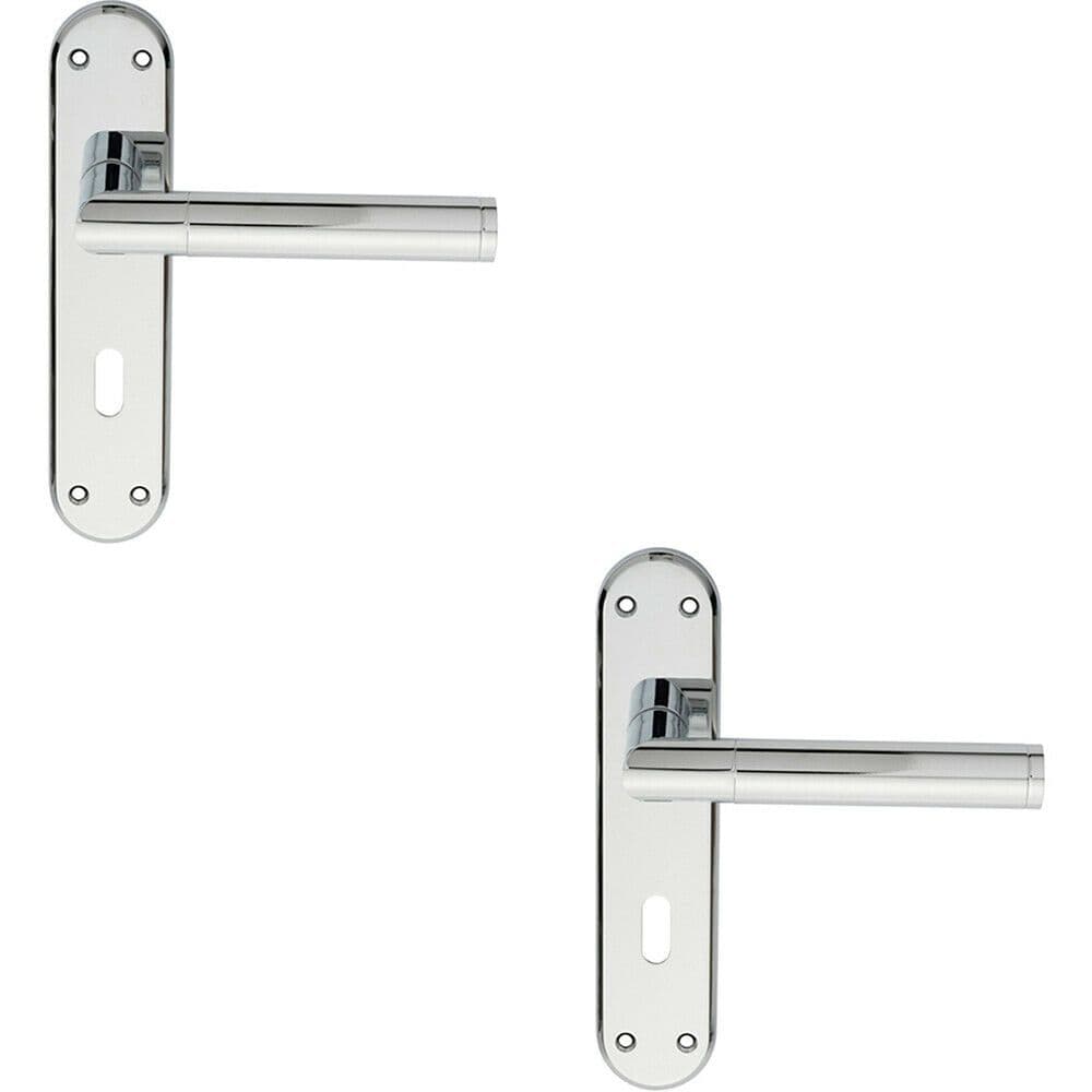 2x Round Bar Lever on Lock Backplate Door Handle 180 x 40mm Polished Chrome